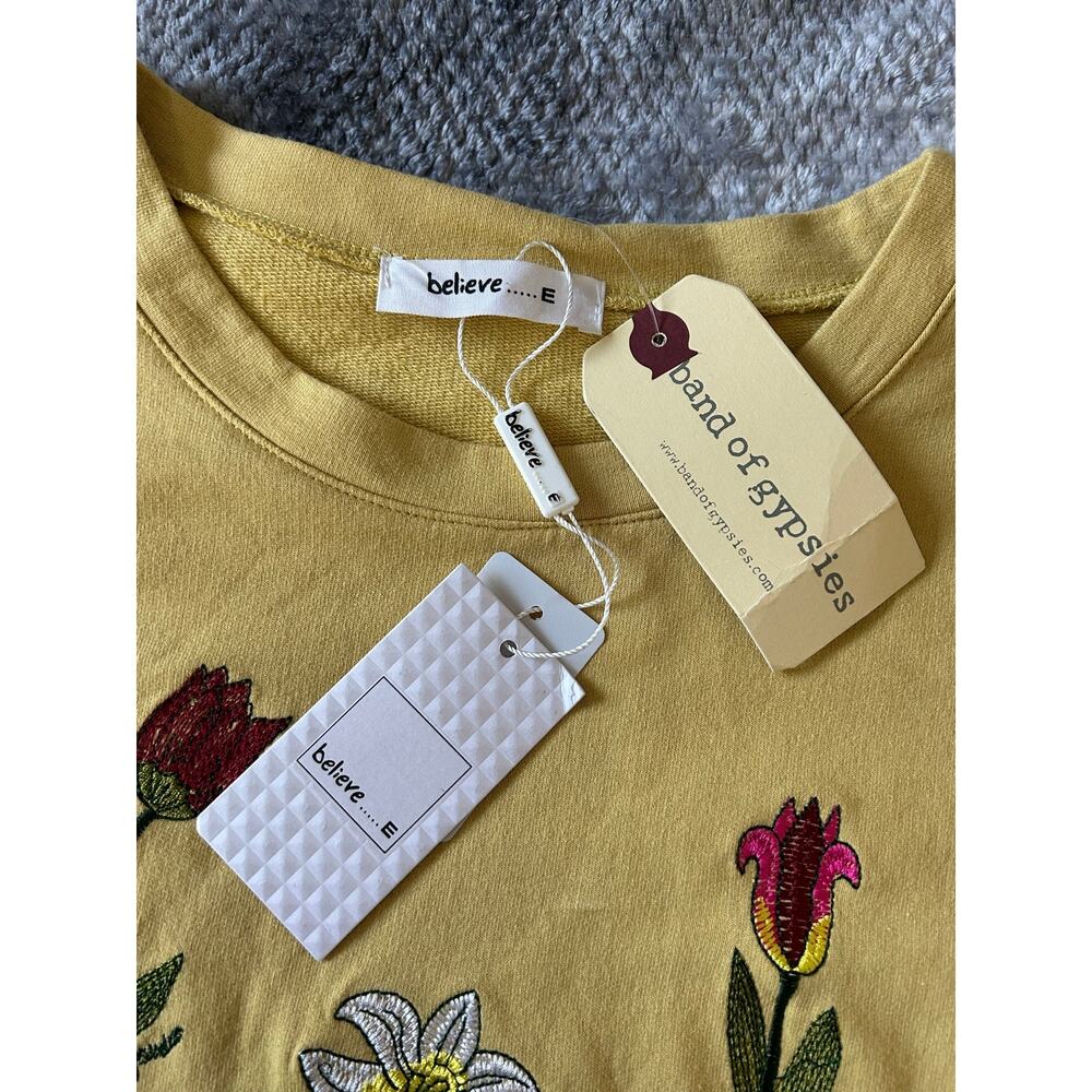 Believe... Floral Embroidered 3/4 Sleeve Cut Out Arm Tie Yellow Sweater Size XL - Picture 5 of 9